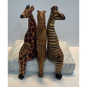 Giraffe & Zebra Lion Hand Carved Wooden African Sculpture Shelf Ornament 8.5"